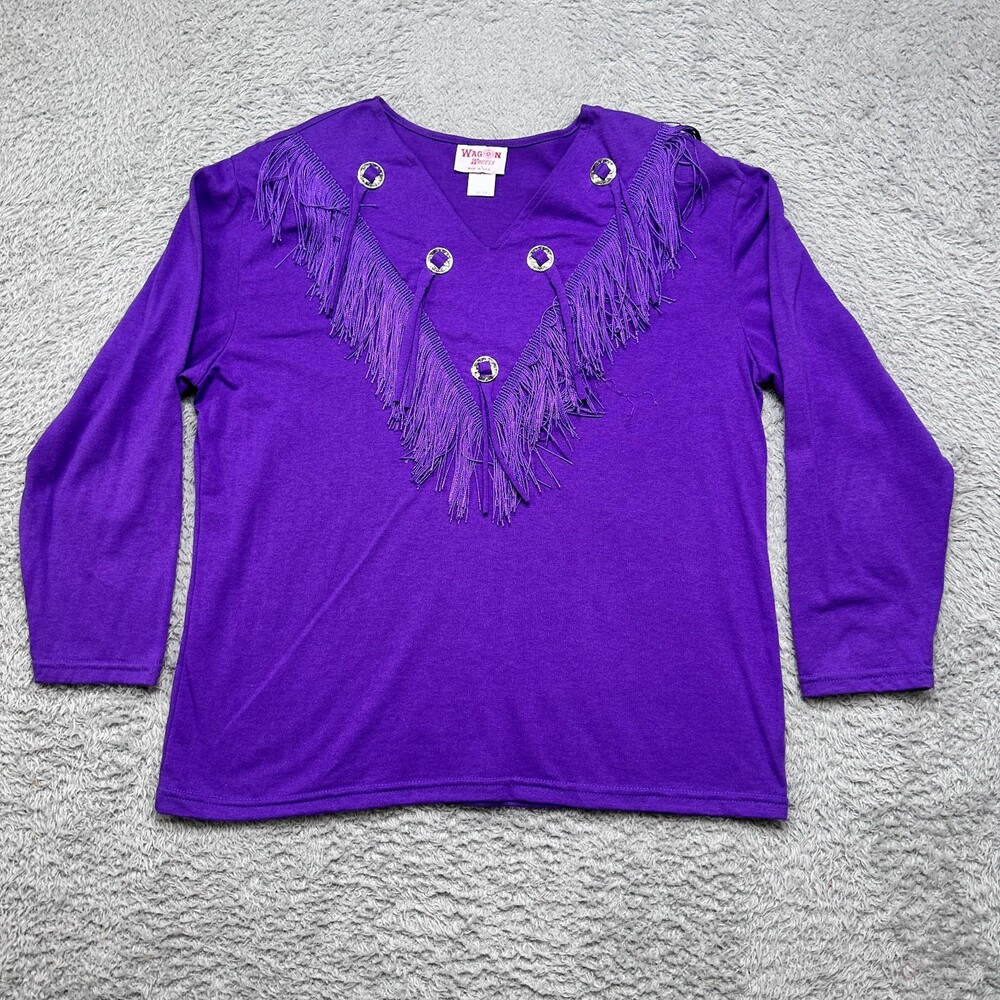 Vintage 90s Western Fringe Shirt Large PurpleBeads Tassel Cowgirl Rodeo USA Made